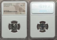 Didius Julianus. AD 193. AR denarius. NGC Choice F. Rome, March-June AD 193. Laureate head of Julianus right / Didius Julianus, togate, standing left, holding globe in outstretched right hand and volu