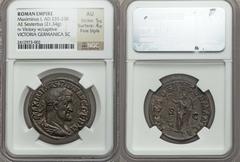 Maximinus I Thrax (AD 235-238). Æ sestertius (21.34 gm). NGC AU 5/5 - 4/5, Fine Style. Rome, late AD 236-237. Laureate, draped, and cuirassed bust of Maximinus right / Victory standing left, holding w