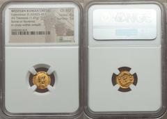 Valentinian III, Western Roman Emperor (AD 425-455). AV tremissis (1.47 gm). NGC Choice AU 4/5 - 5/5. Rome or Ravenna, AD 425-430. Diademed, draped and cuirassed bust of Valentinian right / Wreath wit