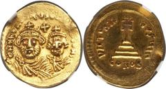 Heraclius (AD 610 - 641 AD). AV solidus (4.54 gm). NGC AU 4/5 - 3/5, edge marks. Jerusalem or uncertain Eastern mint. Facing busts of Heraclius (on left) and Heraclius Constantine, each wearing chlamy