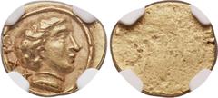 Ancients ETRURIA. Populonia. Ca. 300-250 BC. AV 25 asses (12mm, 1.37 gm) NGC AU 5/5-3/5. Beardless male head (Apulu, Etruscan Apollo?) right, wearing neck band, XXV behind / Blank, smooth surface. Vec