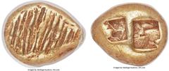 Ancients IONIA. Uncertain city. Ca. 650-600 BC. EL sixth stater or hecte (10mm, 2.34 gm). NGC XF 5/5 - 5/5. Field of striated lines, resembling ripples on water / Two incuse square punches, side-by si