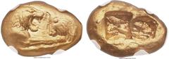 Ancients LYDIAN KINGDOM. Croesus (ca. 561-546 BC). AV stater (19mm, 10.76 gm). NGC AU 4/5 - 4/5. Sardes, "heavy" standard, ca. 550 BC. Confronted foreparts of roaring lion, on left, and bull / Two inc