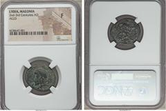 Ancients LYDIA. Maeonia. Ca. 2nd-3rd centuries AD. Æ 23mm. NGC Fine. Herad of Hercules left / Silen seated right on basket with infant Dionysus sitting on his knee. BMC Lydia 16. Rare! Green patina wi