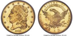 Early Half Eagles 1833 $5 Small Date, BD-3, High R.7, MS61 PCGS. Bass-Dannreuther Die State b/b. BD-3 is by far the rarest of the three 1833 half eagle varieties; in fact, it is among the rarest die p