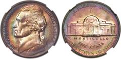 Jefferson Nickels 1945-D 5C MS68 ★ NGC. Storage in a coin album combined with the billon Wartime alloy likely caused the incredible colors on this impeccably preserved example. Outer bands of navy and