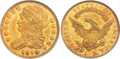 Early Half Eagles 1810 $5 Small Date, Small 5, BD-2, High R.6, AU50 NGC. Bass-Dannreuther Die State b/b. A substantial mintage of 100,287 Capped Bust Left half eagles was accomplished in 1810, with fo