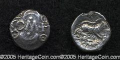 Celtic Britain, Atrebates. Verica. Early-mid 1st century A.D. AR unit, (10 mm, 1.03g). Crescents and pellets in rings above and below COM F / Boar right; star above. Hobbs 1241ff; Van Arsdell 470-1; S