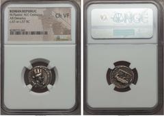 Ancients M. Plaetorius M.f. Cestianus (67 or 57 BC). AR denarius. NGC Choice VF. Rome. Turreted bust of Cybele right, CESTIANVS and lion forepart behind, globe under chin / Curule chair, palm branch t
