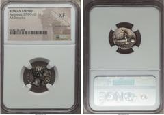 Ancients Augustus (27 BC-AD 14). AR denarius. NGC XF, bankers mark. Lugdunum, 12 BC. AVGVSTVS] - DIVI F, bare head of Augustus right / Capricorn right, holding globe; below, IMP · XI. RIC 174. RSC 147