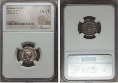 Ancients Titus (AD 79-81). AR denarius. NGC Choice VF. Rome, January-June AD 80. IMP TITVS CAES VESPASIAN AVG P M, laureate head of Titus right / TR P IX IMP XV COS VIII P P, Pulvinar (throne) of Jupi