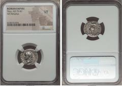 Ancients Titus (AD 79-81). AR denarius. NGC VF. Rome, AD 80.  IMP TITVS CAES VESPASIAN AVG P M, laureate head of Titus left / TR P IX IMP XV - COS VIII P P, tripod, with fillets streaming out left and