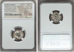 Ancients Diva Faustina Senior (died AD 140/1). AR denarius (3.22 gm). NGC MS 5/5 - 4/5. Rome, under Antoninus Pius, AD 146-161. DIVA FAVSTINA, draped bust right / AVGVSTA, Pudicitia seated left on thr