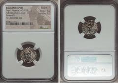 Ancients Septimius Severus (AD 193-211). AR denarius (3.03 gm). NGC MS★ 5/5 - 5/5. Syria, Emesa, AD 194-195. IMP CAE L SEP SEV PERT AVG COS II, laureate head of Severus right / LIBE-R-A-L AVG, Liberal
