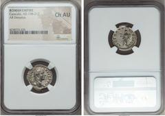 Ancients Caracalla (AD 198-217). AR denarius. NGC Choice AU. Rome, AD 206. ANTONINVS PIVS AVG, laureate head of teenaged Caracalla right / LIBERALI-TAS AVG VI, Liberalitas standing left, holding coin 