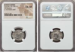 Ancients Caracalla (AD 198-217). AR denarius. NGC Choice XF. Rome, AD 210-211. ANTONINVS PIVS AVG BRIT, laureate head of Caracalla right / VICTORIAE BRIT, Victory advancing right, holding trophy with 