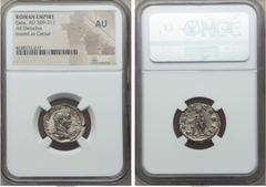 Ancients Geta, as Caesar (AD 198-209). AR denarius. NGC AU. Rome, AD 209. P SEPTIMIVS GETA CAES, bareheaded and draped bust of Geta right / PONTIF COS II, Geta standing left with globe and short scept