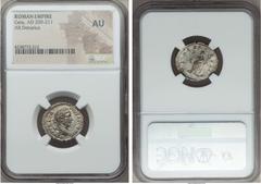 Ancients Geta (AD 209-211). AR denarius. NGC AU. Rome, AD 211. P SEPT GETA - PIVS AVG BRIT, laureate head of Geta right / PONTIF TR P III COS II, Felicitas standing left, holding cornucopia and long c