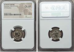 Ancients Macrinus (AD 217-218). AR denarius. NGC Choice XF. Rome, AD 217. IMP C M OPEL SEV MACRINVS AVG, laureate and cuirassed bust of Macrinus right / IOVI CONSERVATORI, Jupiter standing left, holdi