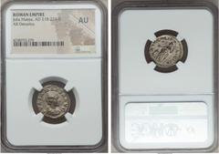 Ancients Julia Maesa (Augusta, AD 218-224/5). AR denarius. NGC AU. Rome, under Elagabalus, AD 218-220. IVLIA MAESA AVG, draped bust of Maesa right / SAECVLI FELICITAS, Felicitas standing left, holding
