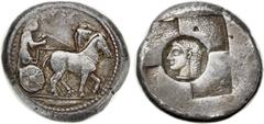 Ancients SICILY. Syracuse. Ca. 500-485 BC. AR tetradrachm (26mm, 17.37 gm, 9h). SVRA above and before charioteer, dressed in long chiton, driving walking quadriga right / Head of Arethusa left in arch