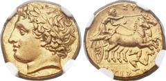 Ancients SICILY. Syracuse. Agathocles (317-289 BC). AV drachm or decadrachm (15mm, 4.31 gm, 1h). Struck ca. 317-310 BC. Laureate head of Apollo left / ΣYPA-KO-ΣIΩN, charioteer driving biga right, hold