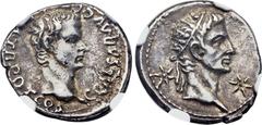 Ancients Gaius 'Caligula' (AD 37-41), with Divus Augustus (died AD 14). AR denarius (19mm, 3.47 gm, 10h). Lugdunum, AD 37. C · CAESAR · AVG · GERM · P · M · TR · POT COS, bare head of Caligula right /