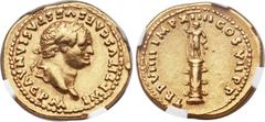 Ancients Titus (AD 79-81). AV aureus (20mm, 7.10 gm, 7h). Rome, AD 79. IMP TITVS CAES VESPASIAN AVG P M, laureate head of Titus right / TR P VIIII IMP XIIII COS VII P P, Sol standing facing atop rostr