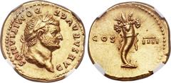 Ancients Domitian, as Caesar (AD 69-81). AV aureus (19mm, 7.33 gm, 6h). Rome, under Vespasian, ca. AD 76-77. CAESAR AVG F DOMITIANVS, laureate head of Domitian right / Cornucopia bound with diadem; CO
