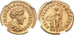 Ancients Marcus Aurelius (AD 161-180). AV aureus (20mm, 7.28 gm, 11h). Rome, AD 162. IMP M AVREL ANTONINVS AVG P M, bareheaded, draped, and cuirassed bust of Marcus right / SALVTI AVGVSTOR TR P XVI, S