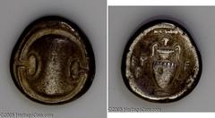 Boeotia, Thebes. Ca. 395/90-338 B.C. AR stater (20 mm, 11.89 g). Boeotian shield / Amphora; club and grape bunch above, EY/P-FA/A across field. R. Hepworth, "The 4th Century BC Magistrate Coinage of t