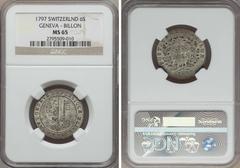 Switzerland Geneva. City 6 Sols 1797 MS65 NGC, KM109. HMZ-2346. One of the finest billon coin we have seen with surfaces that are gorgeously frosty with marbled radiance. The character and design moti