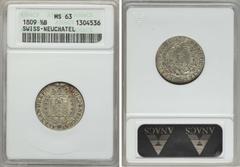 Switzerland Neuchatel. Alexandre Berthier 1/2 Batzen 1809 MS63 ANACS, KM68.1, HMZ-2723e. Exceptional for a billon coin with quite unblemished surfaces and strong original luster.