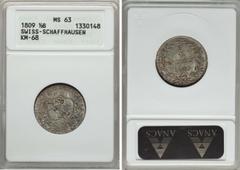 Switzerland Schaffhausen. Canton 1/2 Batzen 1809 MS63 ANACS, KM68, HMZ-2776b. A billon type with a relatively low mintage of 30,000 pieces. All features boldly defined, and a coin clearly worthy of a 