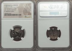 Ancients Greek CYRENAICA. Cyrene. (ca. 308-277 BC). AR didrachm (7.78 gm). NGC Choice XF 5/5 - 3/5, Fine Style, scratches. Bare head of Apollo-Carneius left, with horn of Ammon / Silphium plant, I and