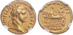 Ancients Domitian (AD 81-96). AV aureus (19mm, 7.05 gm, 6h). NGC XF★ 5/5 - 5/5. Rome, AD 88-89. DOMITIANVS AVGVSTVS, laureate right of Domitian right / GERMANICVS above, Domitian standing left in cart