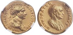 Ancients Trajan (AD 98-117), with Divus Trajan Pater (died ca. AD 100?). AV aureus (19mm, 7.07 gm, 6h). NGC Choice XF★ 5/5 - 5/5, Fine Style. Rome, AD 112-117. ·IMP· TRAIANO AVG GER DAC P M TR P COS V