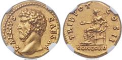 Ancients Aelius Caesar (AD 136-138). AV aureus (19mm, 6.98 gm, 6h). NGC AU★ 5/5 - 5/5, Fine Style. Rome, AD 137. L· AELIVS CAESAR, bare head of Aelius left / TRIB POT COS II, Concordia seated left on 