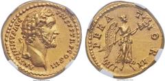 Ancients Antoninus Pius (AD 138-161). AV aureus (19mm, 6.95 gm, 6h). NGC MS★ 5/5 - 4/5. Rome, AD 143-144. ANTONINVS AVG PIVS P P TR P COS III, laureate head of Antoninus right / IM-PERA-T-OR II, Victo