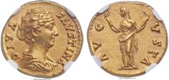 Ancients Diva Faustina Senior, wife of Antoninus Pius (died AD 140/1). AV aureus (19mm, 7.02 gm, 6h). NGC Choice AU★ 5/5 - 4/5. Rome, AD 147-161.  DIVA FAVSTINA, draped bust of Faustina rigt, hair wou