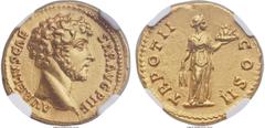 Ancients Marcus Aurelius, as Caesar (AD 139-161). AV aureus (20mm, 7.08 gm, 6h). NGC MS★  5/5 - 4/5, Fine Style. Rome, AD 148-149. AVRELIVS CAE-SAR AVG PII F, bare head of Marcus right, with slight be