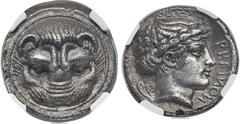 Ancients BRUTTIUM. Rhegium. Ca. 415-387 BC. AR tetradrachm (25mm, 16.79 gm, 9h). NGC AU 5/5 - 3/5, Fine Style. Lion's head, viewed frontally and from above / PHΓIИOИ, laureate head of Apollo right, ol