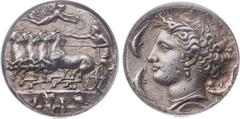 Ancients SICILY. Syracuse. Time of Dionysius I (405-367 BC). AR decadrachm (31mm, 43.47 gm, 8h). NGC AU 5/5 - 4/5, Fine Style. Struck ca. 400-370 BC. Unsigned dies by the "shell engraver" in the style