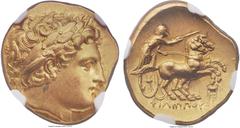 Ancients MACEDONIAN KINGDOM. Philip II (359-336 BC). AV stater (19mm, 8.61 gm, 6h). NGC MS 5/5 - 5/5, Fine Style. Posthumous issue of Colophon, ca. 322-319 BC. Laureate head of Apollo right / Chariote
