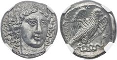 Ancients CARIA. Halicarnassus. Ca. 400-387 BC. AR tetradrachm (23mm, 15.04 gm, 12h). NGC Choice AU 4/5 - 3/5. Laureate head of Apollo facing slightly right, hair parted in the middle and rendered in a