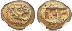 Ancients LYDIAN KINGDOM. Alyattes or Walwet (ca. 610-561 BC). EL third stater or trite (12mm, 4.72 gm). NGC AU★ 5/5 - 5/5. Uninscribed issue, Lydo-Milesian standard. Sardes mint. Head of lion right, m