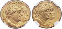 Ancients PTOLEMAIC EGYPT. Ptolemy II Philadelphus, with Arsinoe II, Ptolemy I, and Berenice I (285-246 BC). AV mnaieion or octodrachm (28mm, 27.68 gm, 12h). NGC XF 4/5 - 4/5. Alexandria, ca. 285-261/0