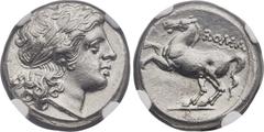 Ancients Anonymous Silver Issues. Ca. 248-230 BC. AR didrachm (18mm, 6.61 gm, 12h). NGC Choice AU 5/5 - 3/5, Fine Style. Rome or mint in Campania or Apulia, ca. 235-230 BC. Laureate head of Apollo rig