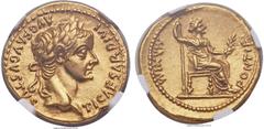 Ancients Tiberius (AD 14-37). AV aureus (20mm, 7.69 gm, 5h). NGC MS 5/5 - 4/5. Lugdunum, ca. AD 18-35. TI CAESAR DIVI AVG F AVGVSTVS, laureate head of Tiberius right / PONTIF MAXIM, Livia, as Pax, sea
