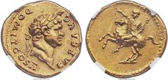Ancients Domitian, as Caesar (AD 81-96). AV aureus (19mm, 7.26 gm, 12h). NGC AU 5/5 - 3/5, scratches. Rome, under Vespasian, AD 73. CAES AVG F DOMIT COS II, laureate head of Domitian right / No legend